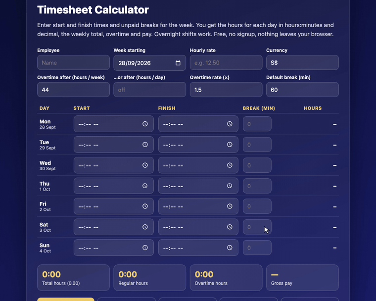 Demo: the free Timesheet Calculator in action Demo: the free Timesheet Calculator in action