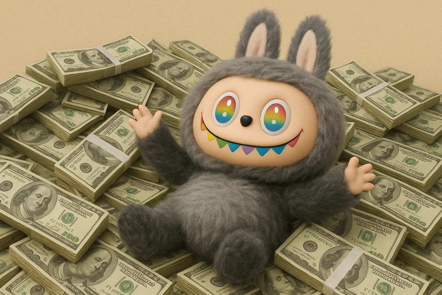 Grey fuzzy Labubu Pop Mart bunny collectible with rainbow eyes lying on $100 bill stacks, hinting at lucrative toy flipping. Grey fuzzy Labubu Pop Mart bunny collectible with rainbow eyes lying on $100 bill stacks, hinting at lucrative toy flipping.