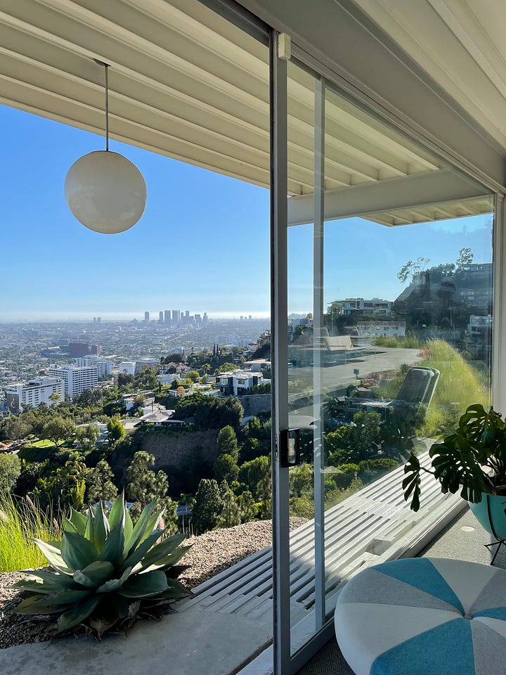 View from Stahl House toward Downtown Los Angeles / Stahl House Bathroom / Laura Motta, 2021