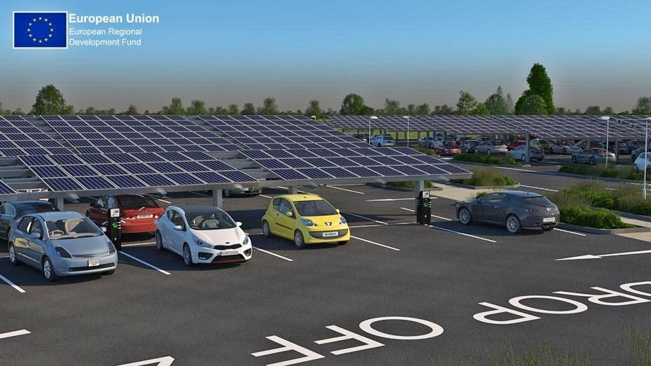 Charging points beneath the solar canopies at St Ives Park & Ride