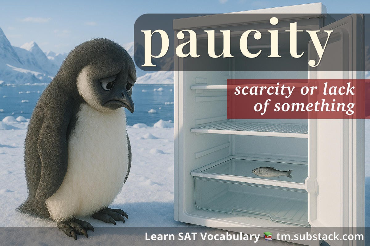 Illustration of a penguin looking at a nearly empty fish bucket; used to illustrate the SAT word 'paucity'.