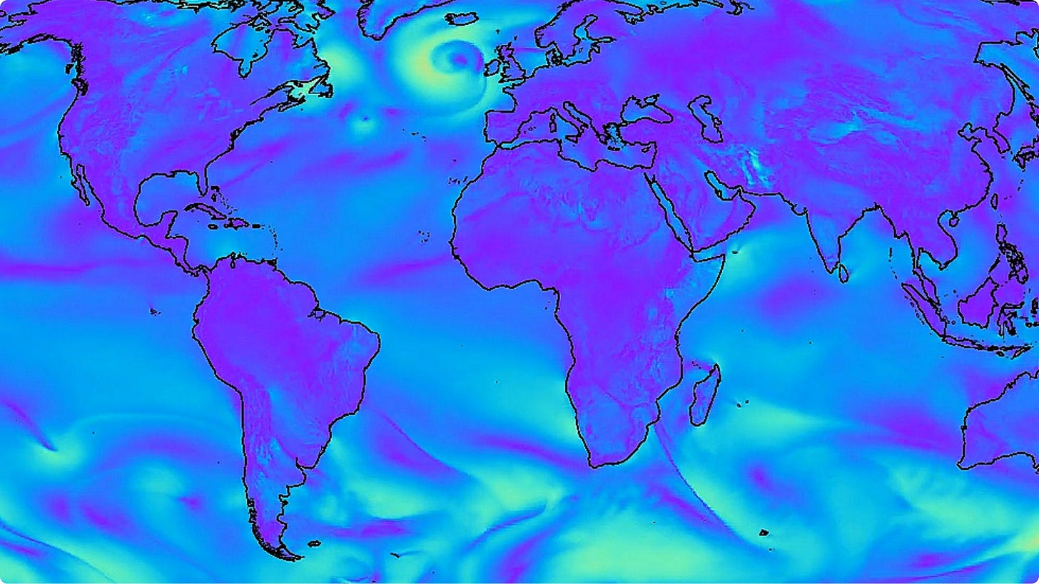 Global map with swirling purple green and blue color fields