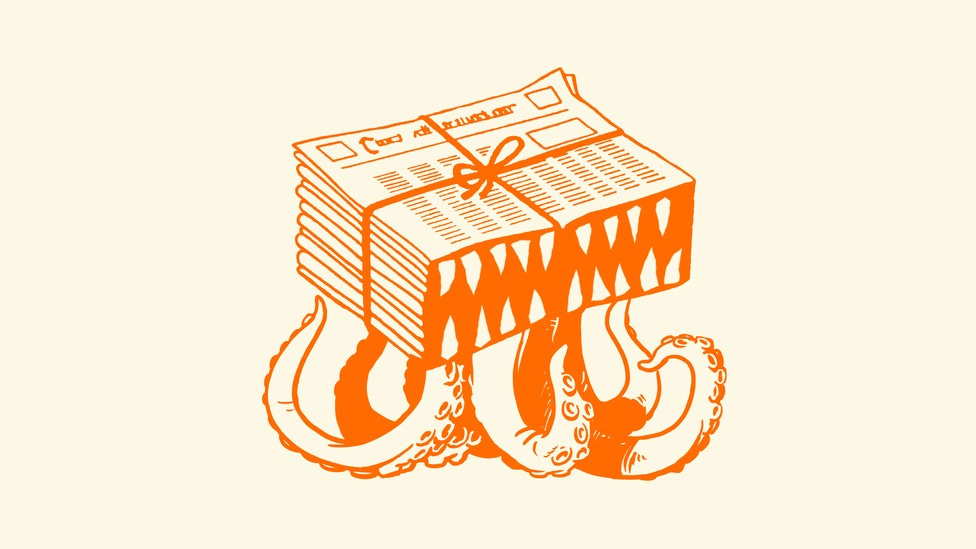 An orange illustration of a newspaper with tentacle legs An orange illustration of a newspaper with tentacle legs