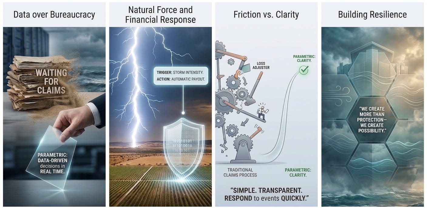 A four-panel infographic illustrating the benefits of parametric climate risk models representing Philippe Heilberg's article on Rethinking Climate Risk Through Parametric Models.