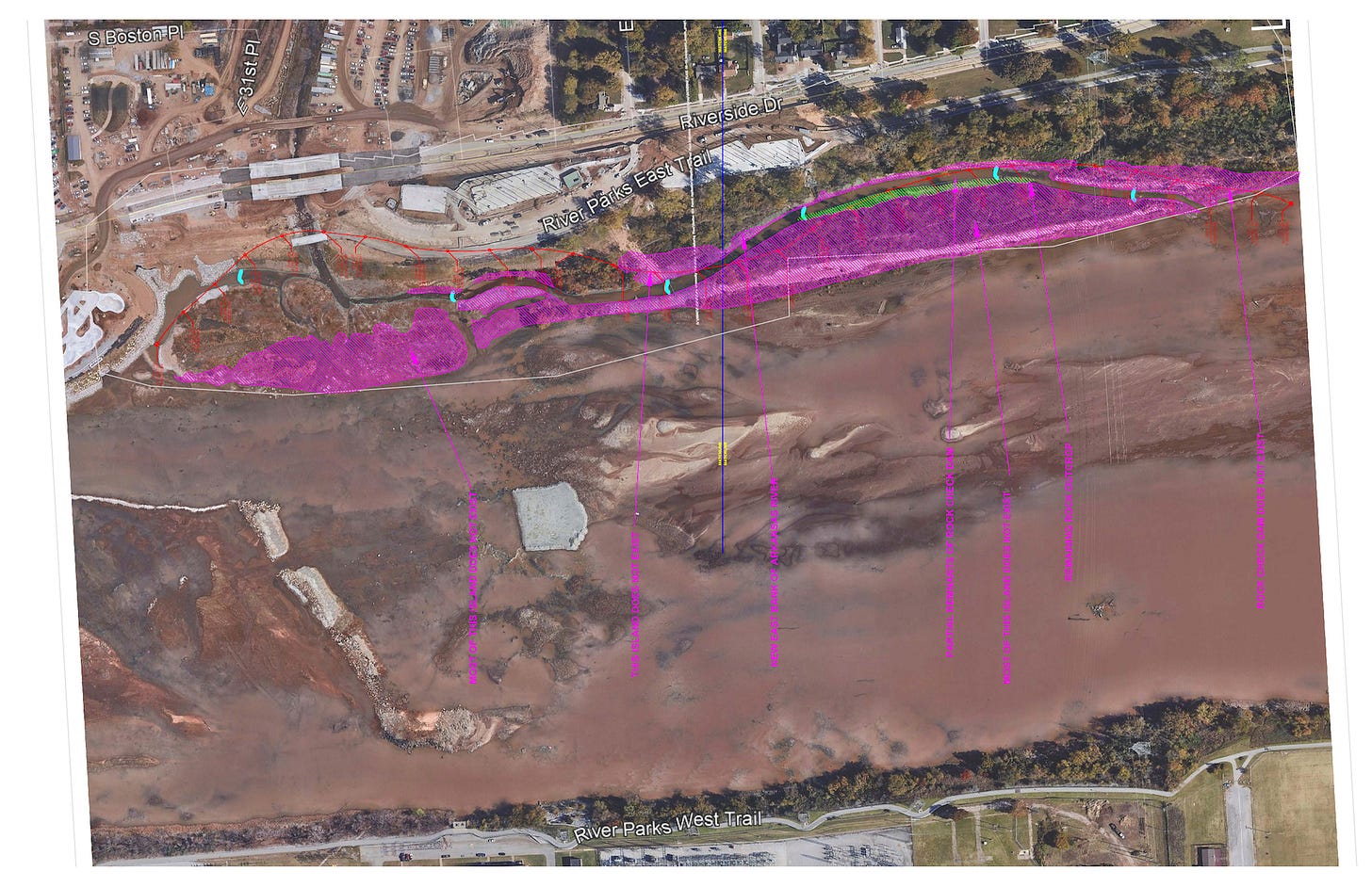 This full-color satellite image is rotated so the east bank of the Arkansas River is along the top of the image. Bright pink shading identifies that most of an island habitat and portions of the adjacent shoreline were swept away during the 2019 flood. Bright pink text describes and points to specific areas of damage. Just beyond the pink overlay, a vast, sandy-colored maze of construction equipment and work in progress is visible at Gathering Place. This full-color satellite image is rotated so the east bank of the Arkansas River is along the top of the image. Bright pink shading identifies that most of an island habitat and portions of the adjacent shoreline were swept away during the 2019 flood. Bright pink text describes and points to specific areas of damage. Just beyond the pink overlay, a vast, sandy-colored maze of construction equipment and work in progress is visible at Gathering Place.
