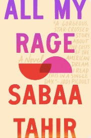 cream book cover with the title "All my rage" written in purple and the author's name "Sabaa Tahir" in red. cream book cover with the title "All my rage" written in purple and the author's name "Sabaa Tahir" in red.