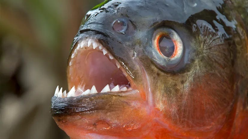 Close up of a piranhas teeth