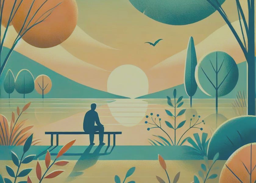 Drawn graphic of person sitting on park bench overlooking serene lake surrounded by trees