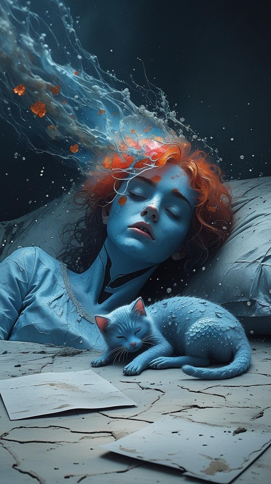 Ilustração digital em estilo tenebrista. Uma figura feminina de pele azul e cabelos ruivos que emanam luz laranja e bolhas etéreas. A figura repousa com olhos fechados sobre uma superfície fragmentada que lembra pergaminho ou solo rachado. Ao seu lado, um pequeno gato azul (Mina) em posição de repouso. A imagem ilustra o estado de suspensão sensorial descrito no texto, contrastando o calor interno (ruivo) com a paralisia externa (azul)