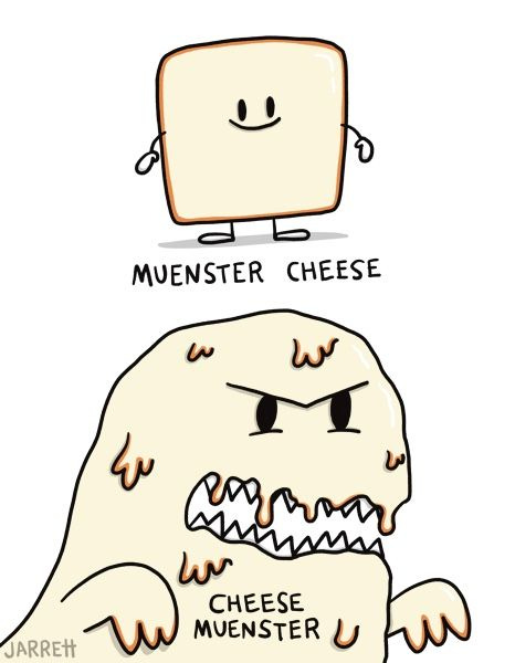 A picture shows a block of muenster cheese labeled, "Muenster Cheese", and a monster made of cheese labeled, "Cheese Muenster".