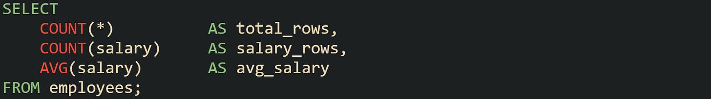 SELECT     COUNT(*)          AS total_rows,     COUNT(salary)     AS salary_rows,     AVG(salary)       AS avg_salary FROM employees;