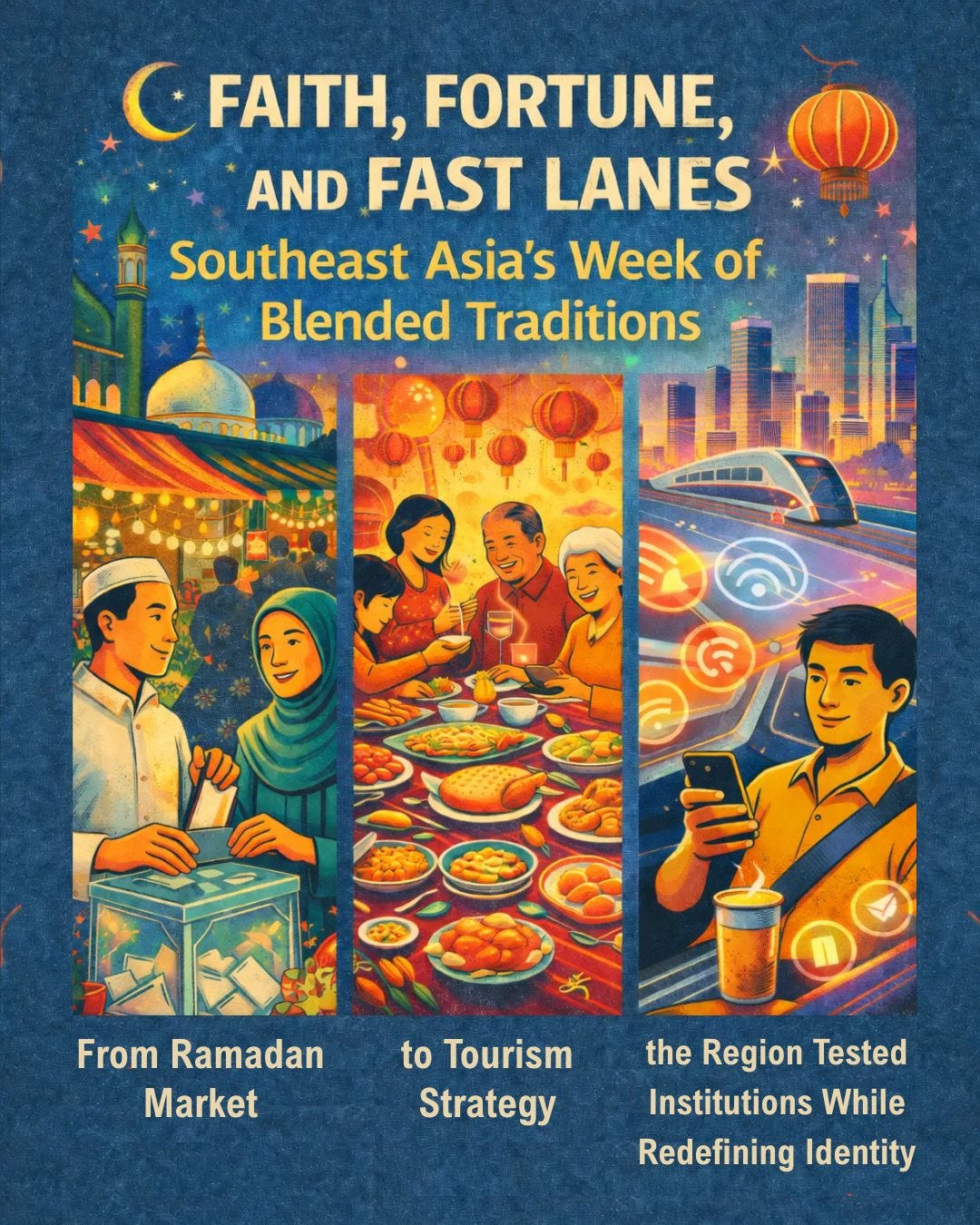 Collage representing Southeast Asia’s weekly highlights including Ramadan and Lunar New Year overlap, EV motor show, AI Quran app, and cultural reflections.