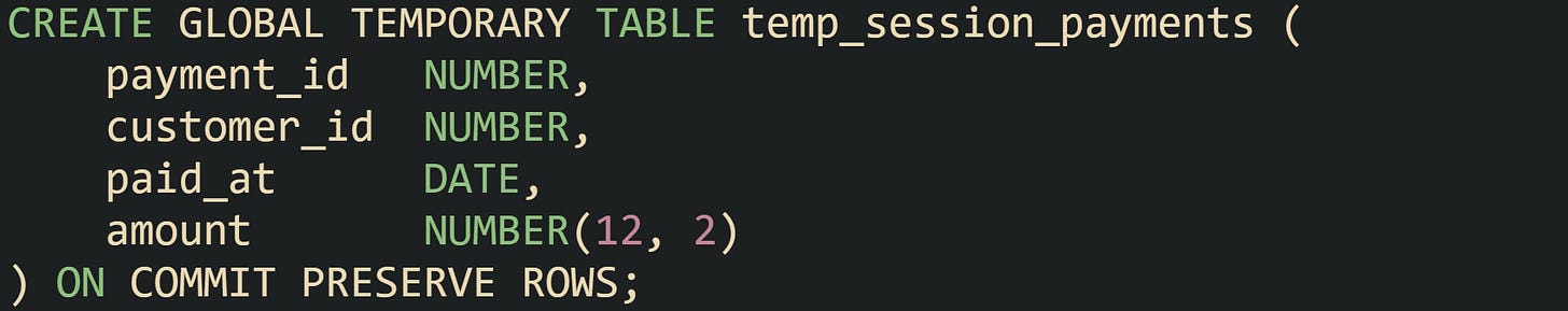 CREATE GLOBAL TEMPORARY TABLE temp_session_payments (     payment_id   NUMBER,     customer_id  NUMBER,     paid_at      DATE,     amount       NUMBER(12, 2) ) ON COMMIT PRESERVE ROWS;