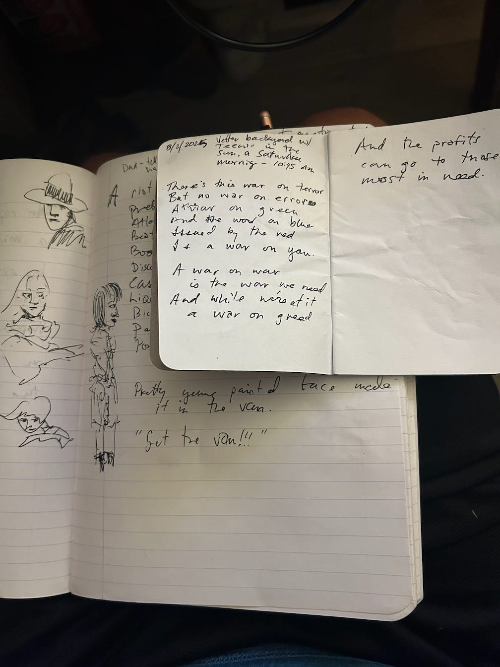 Photos of Faux Jean's journal with poetry and human sketches