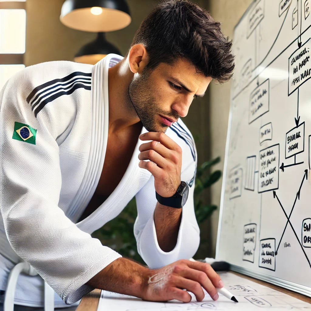 A man in a white Brazilian jiu jitsu gi and white martial arts belt working feverishly to finalize plans on a whiteboard. He is focused and determined, with sweat on his brow, illustrating the difficulty of the endeavor. The whiteboard is filled with complex diagrams and notes, reflecting the intense mental effort required. The setting is a modern, well-lit room with a professional atmosphere.