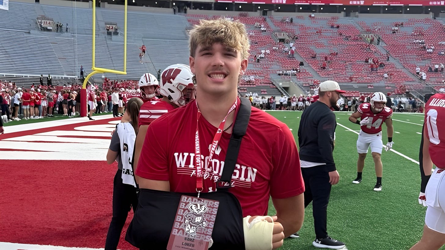 Wisconsin Badgers 2027 tight end commit Korz Loken on a game day recruiting visit. Wisconsin Badgers 2027 tight end commit Korz Loken on a game day recruiting visit.