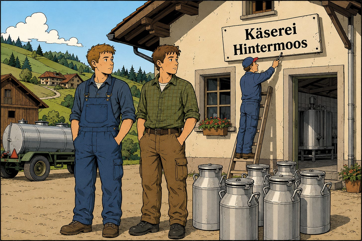 KI-generierte Illustration im Ligne-Claire-Stil zu einer fiktiven Geschichte mit fiktiven Personen: Die jungen Landwirte Simon Moser und Lukas Steiner stehen vor der «Käserei Hintermoos» in einer ländlichen Voralpenlandschaft. Neben ihnen stehen mehrere Milchkannen und ein Milchtankanhänger; ein Arbeiter hantiert auf einer Leiter am Schild der Käserei. KI-generierte Illustration im Ligne-Claire-Stil zu einer fiktiven Geschichte mit fiktiven Personen: Die jungen Landwirte Simon Moser und Lukas Steiner stehen vor der «Käserei Hintermoos» in einer ländlichen Voralpenlandschaft. Neben ihnen stehen mehrere Milchkannen und ein Milchtankanhänger; ein Arbeiter hantiert auf einer Leiter am Schild der Käserei.