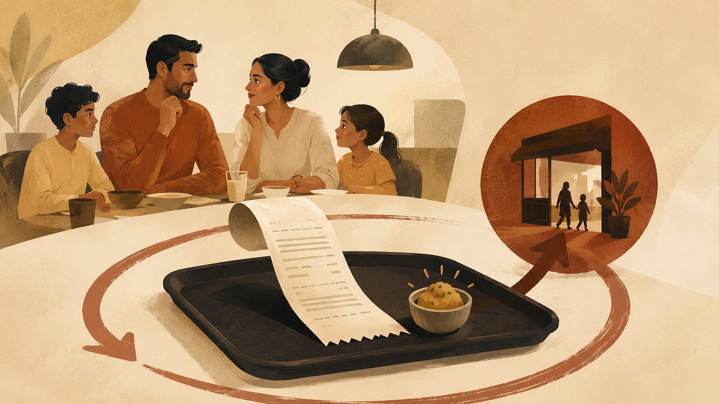 Family meal tray with receipt and small reward leading to a return restaurant visit