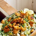 caesar-y pasta and potato salad with hot sauce butter croutons