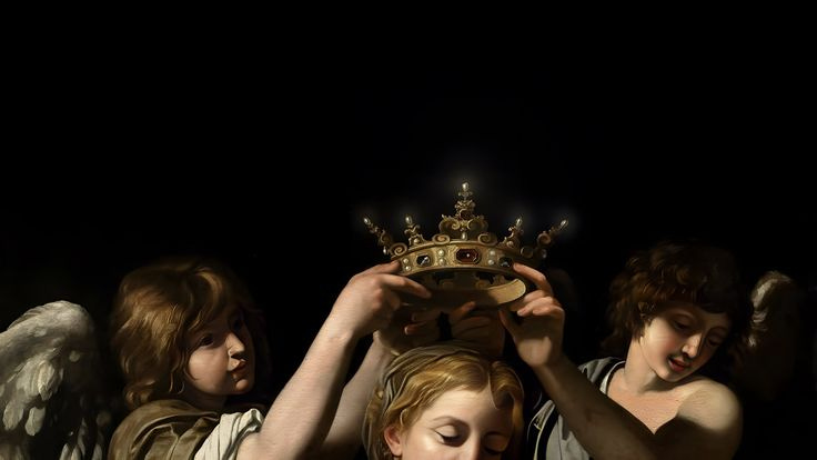 This may contain: three angels with crowns on their heads, one holding a plate in the other's hands