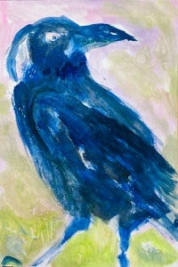 crow painting in blue with a pink and green background