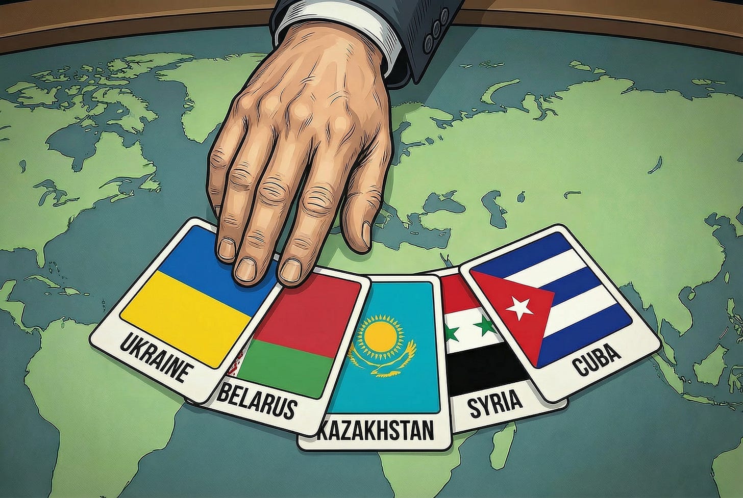Vladimir Putin laying down a hand of five cards representing Ukraine, Belarus, Kazakhstan, Syria, and Cuba