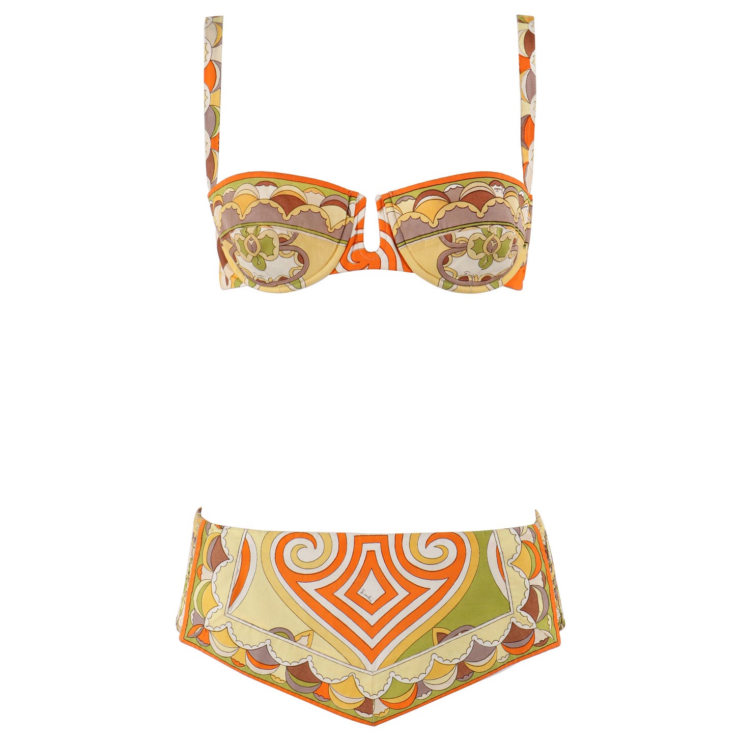 EMILIO PUCCI c.1960s Two Piece Orange Yellow Green Scallop Print Bikini Swimsuit For Sale