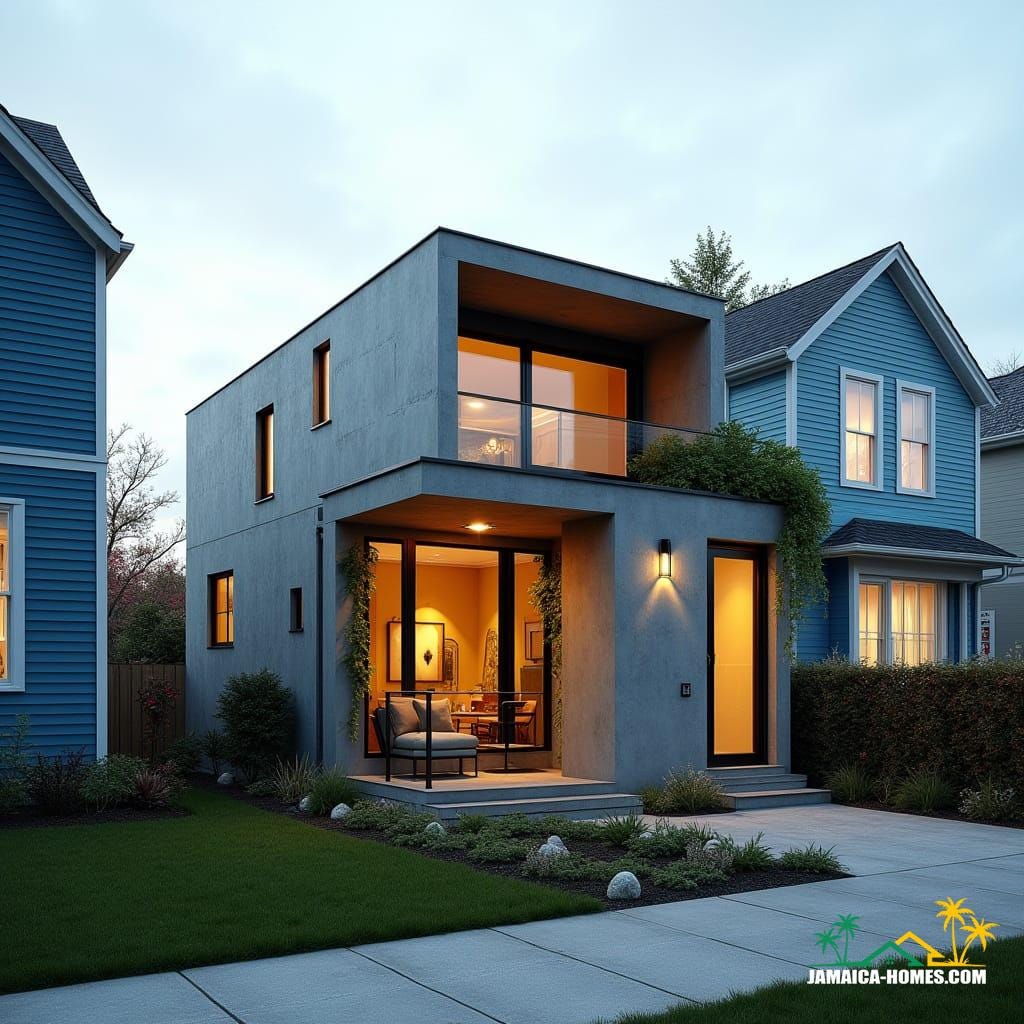 Compact Urban Modern Home Design: Single 20-ft concrete module with overlapping steel porch, urban small-lot optimized. Materials: Concrete, steel, glass, wood accents.