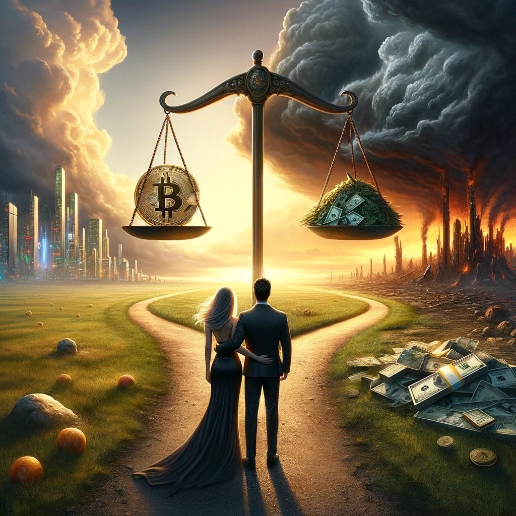 A photorealistic painting of a man and a woman at a crossroads in an expansive outdoor landscape. The left path is illuminated by sunlight, leading towards a gleaming futuristic city that represents Bitcoin and prosperity. Conversely, the right path is overshadowed by ominous storm clouds, winding towards the ruins of a city that symbolize downfall and the instability of fiat currency. The couple, dressed in elegant cocktail attire, stands at the crossroads, embodying a sense of indecision. Suspended above them is a scale: on the left pan rests a shiny Bitcoin, while the right pan is weighed down by a pile of fiat currency in the form of USD bills. The scale tips significantly towards the Bitcoin, set against a backdrop of a dramatic, twilight sky that straddles the transition between day and night.