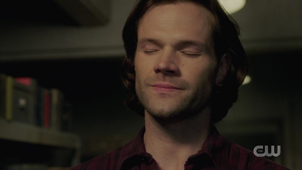 Sam Winchester closing eyes sad to see Jack go in Malak box 14.19 Sam Winchester closing eyes sad to see Jack go in Malak box 14.19
