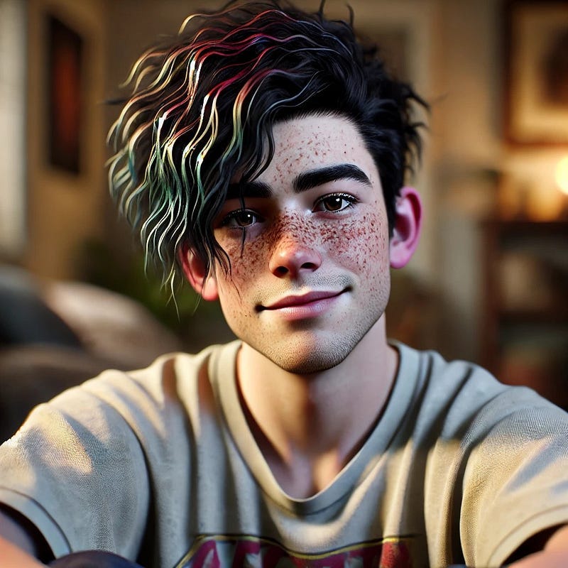 Tibbs Monroe Portrait A teenage boy with wavy, multicolored black hair, freckles, and a playful smirk. His warm olive skin contrasts with his bold style. He wears a graphic tee, leaning forward in a relaxed pose.