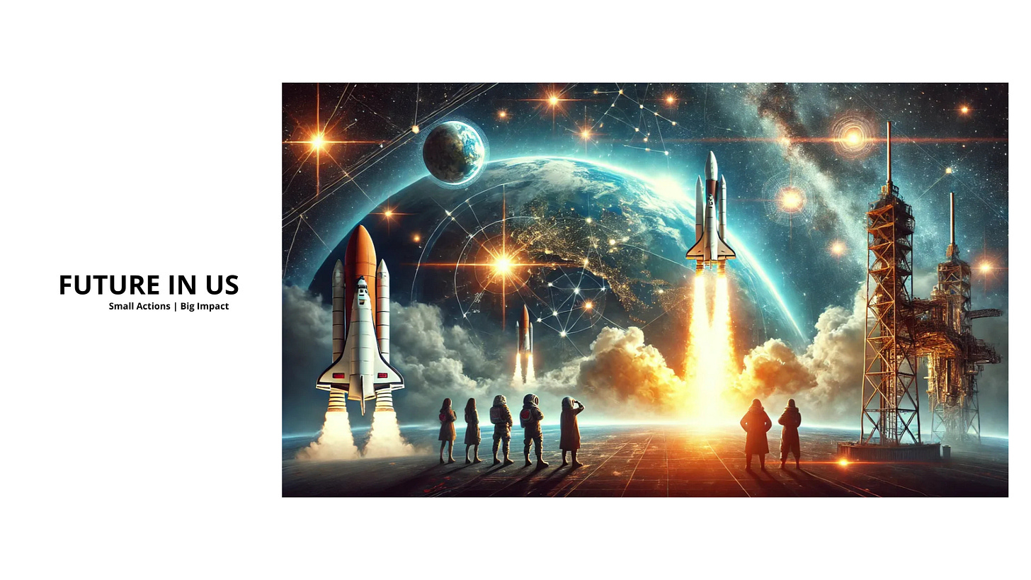 Powerful space launch scene with multiple rockets taking off as people observe from Earth. The image represents space innovation and competition, evoking the David vs Goliath dynamic in the new space race. Text 'FUTURE IN US – Small Actions | Big Impact' reinforces the message of visionary action.