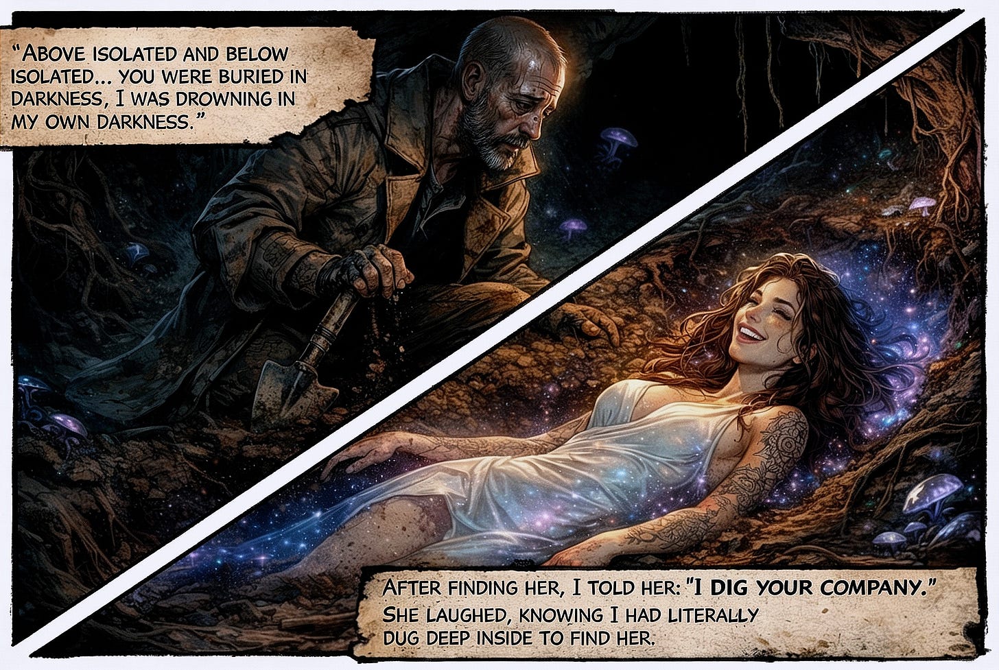 Self-Archaeology- comic scene of author’s dig, finding Alina & laughing together to their pun “I dig your company.”