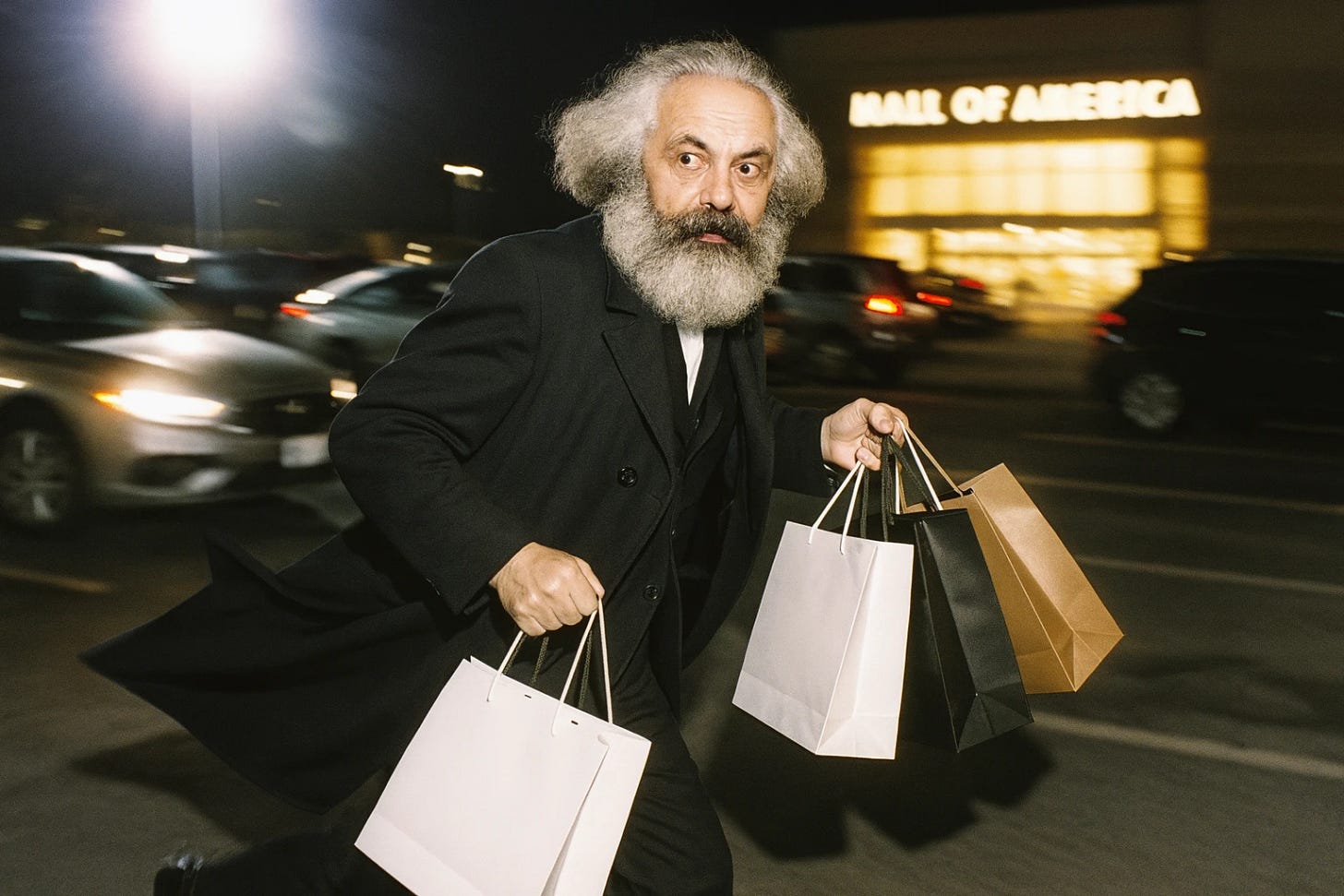 A candid paparazzi-style photo of Karl Marx hurriedly walking through the parking lot of the Mall of America, glancing over his shoulder with a startled expression as he tries to avoid being photographed. He’s clutching multiple glossy shopping bags filled with luxury goods. His coat flutters behind him in the wind, and one of the bags is swinging as if he’s mid-stride. Blurred background with cars and a glowing mall entrance to emphasize motion. Flash glare from the camera partially overexposes the image, giving it a chaotic, tabloid feel. A candid paparazzi-style photo of Karl Marx hurriedly walking through the parking lot of the Mall of America, glancing over his shoulder with a startled expression as he tries to avoid being photographed. He’s clutching multiple glossy shopping bags filled with luxury goods. His coat flutters behind him in the wind, and one of the bags is swinging as if he’s mid-stride. Blurred background with cars and a glowing mall entrance to emphasize motion. Flash glare from the camera partially overexposes the image, giving it a chaotic, tabloid feel.
