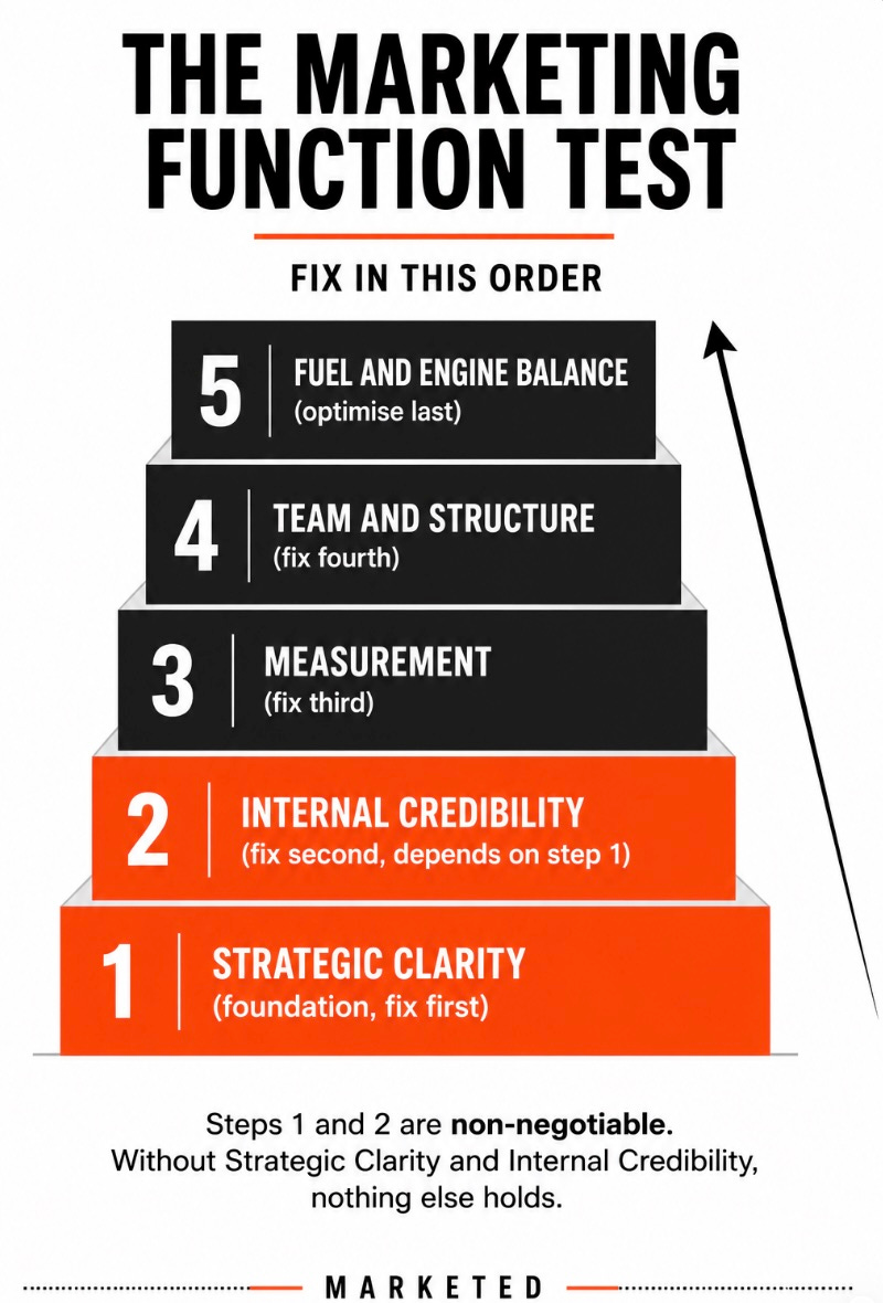 A white background infographic titled “THE MARKETING FUNCTION TEST: FIX IN THIS ORDER.” A five step staircase rises from bottom left to top right, illustrating the recommended sequence for improving a marketing function. Step 1, Strategic Clarity, and Step 2, Internal Credibility, are highlighted in orange to indicate priority. Steps 3, Measurement, 4, Team and Structure, and 5, Fuel and Engine Balance, appear in dark grey and black. An upward arrow runs alongside the staircase, reinforcing progression. Below the diagram, a note states that Strategic Clarity and Internal Credibility are non negotiable foundations for everything else. The footer displays “MARKETED” centered between dotted horizontal lines. A white background infographic titled “THE MARKETING FUNCTION TEST: FIX IN THIS ORDER.” A five step staircase rises from bottom left to top right, illustrating the recommended sequence for improving a marketing function. Step 1, Strategic Clarity, and Step 2, Internal Credibility, are highlighted in orange to indicate priority. Steps 3, Measurement, 4, Team and Structure, and 5, Fuel and Engine Balance, appear in dark grey and black. An upward arrow runs alongside the staircase, reinforcing progression. Below the diagram, a note states that Strategic Clarity and Internal Credibility are non negotiable foundations for everything else. The footer displays “MARKETED” centered between dotted horizontal lines.