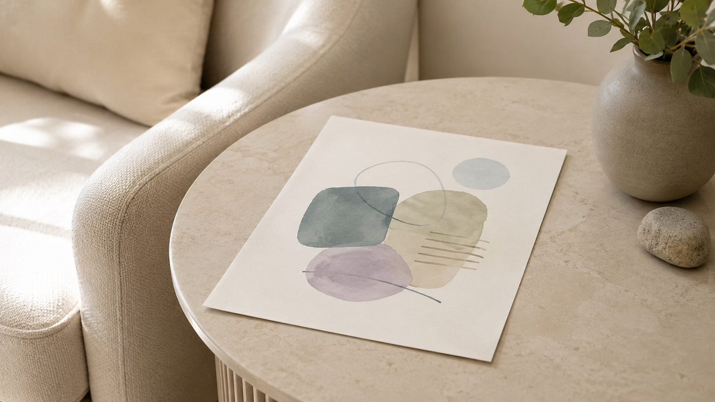 Simple abstract drawing in muted colours on paper, representing Picture Tapping Technique as a way to explore what is hard to put into words.
