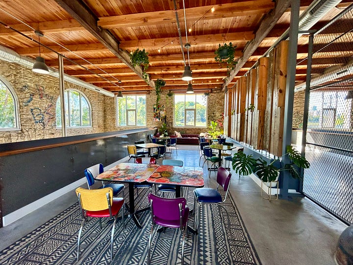 kegs, chairs, taproom