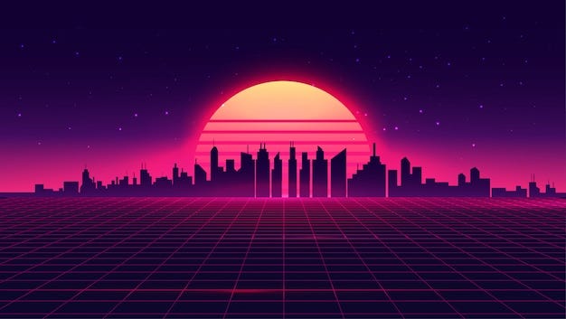 Premium Vector | Retro futuristic synthwave retrowave styled night cityscape with sunset on background. Premium Vector | Retro futuristic synthwave retrowave styled night cityscape with sunset on background.