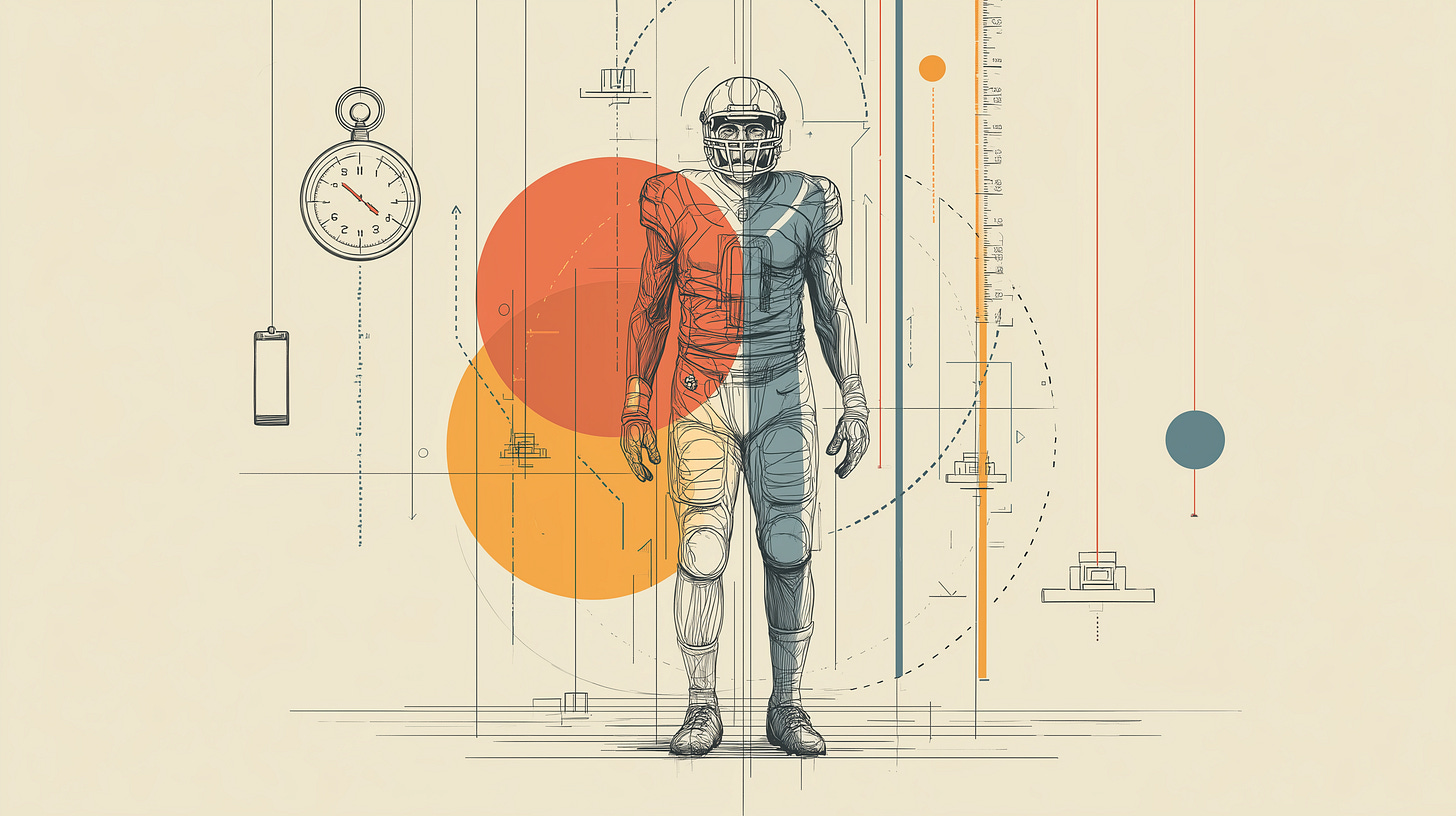 Conceptual editorial illustration of a lone football prospect standing under examination light, left half rendered in sharp detail and right half dissolving into fading strokes, surrounded by floating measurement tools, representing the limits of talent evaluation Conceptual editorial illustration of a lone football prospect standing under examination light, left half rendered in sharp detail and right half dissolving into fading strokes, surrounded by floating measurement tools, representing the limits of talent evaluation