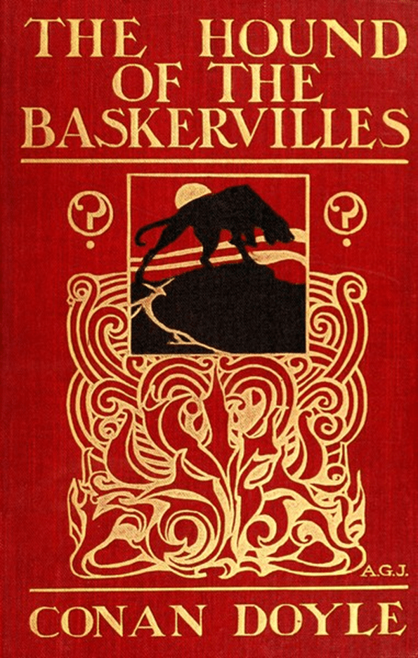 Red cover of The Hound of the Baskervilles with gold detail and a black silhouette of a dog