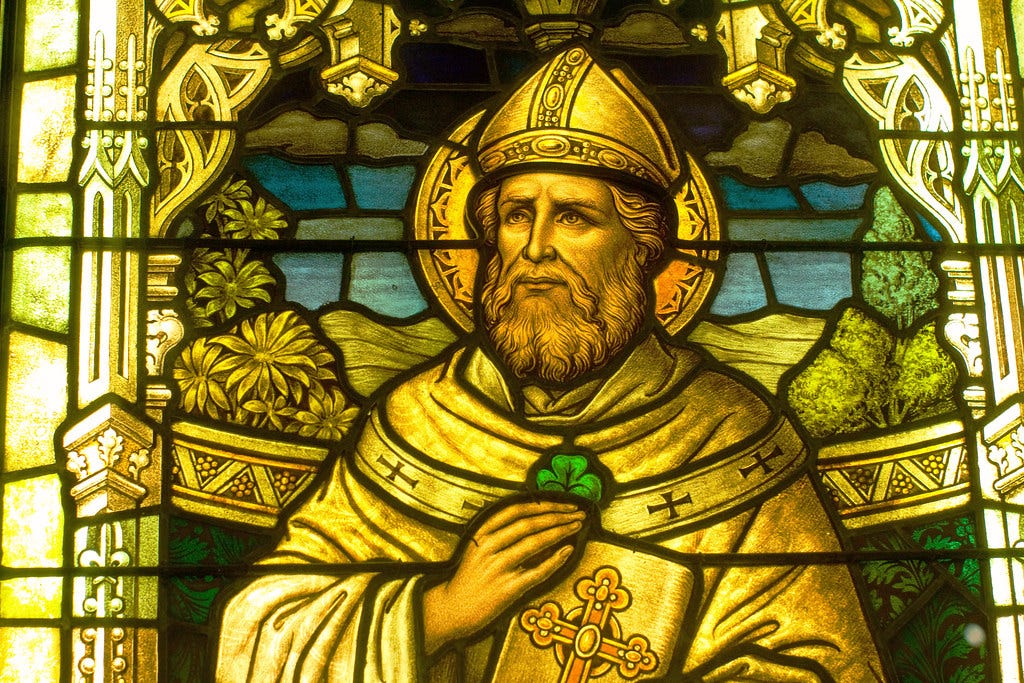 St Patrick | Detail of St Patrick with a shamrock in a stain… | Flickr