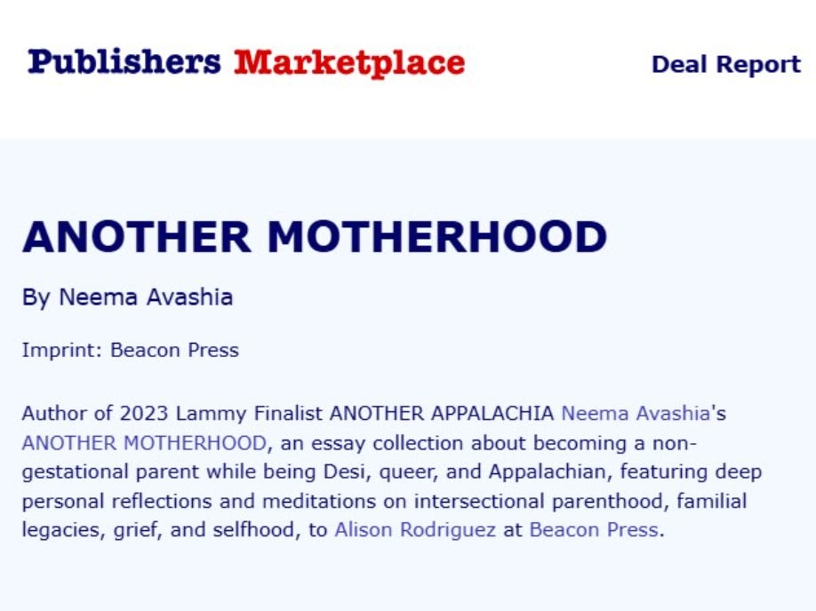Publishers Weekly announcement about Neema Avashia's new book ANOTHER MOTHERHOOD. Publishers Weekly announcement about Neema Avashia's new book ANOTHER MOTHERHOOD.