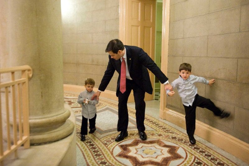 Senator Marco Rubio and his sons, Anthony (5) and Dominic (3), en route to a swearing-in ceremony for the 112th Congress in the Old Senate Chamber, January 5, 2011. Senator Marco Rubio and his sons, Anthony (5) and Dominic (3), en route to a swearing-in ceremony for the 112th Congress in the Old Senate Chamber, January 5, 2011.
