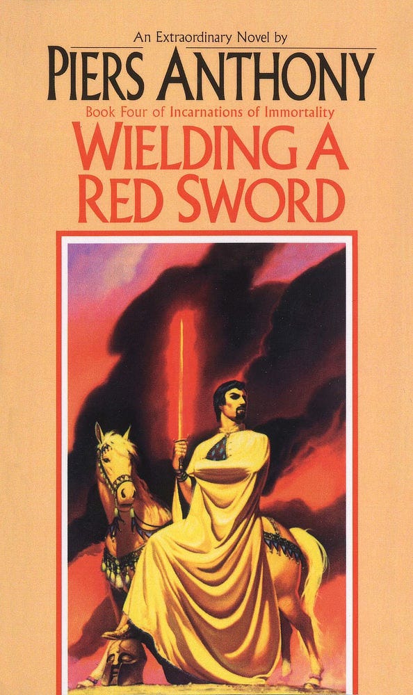 Book cover for WIELDING A RED SWORD by Piers Anthony, published by Del Rey Books