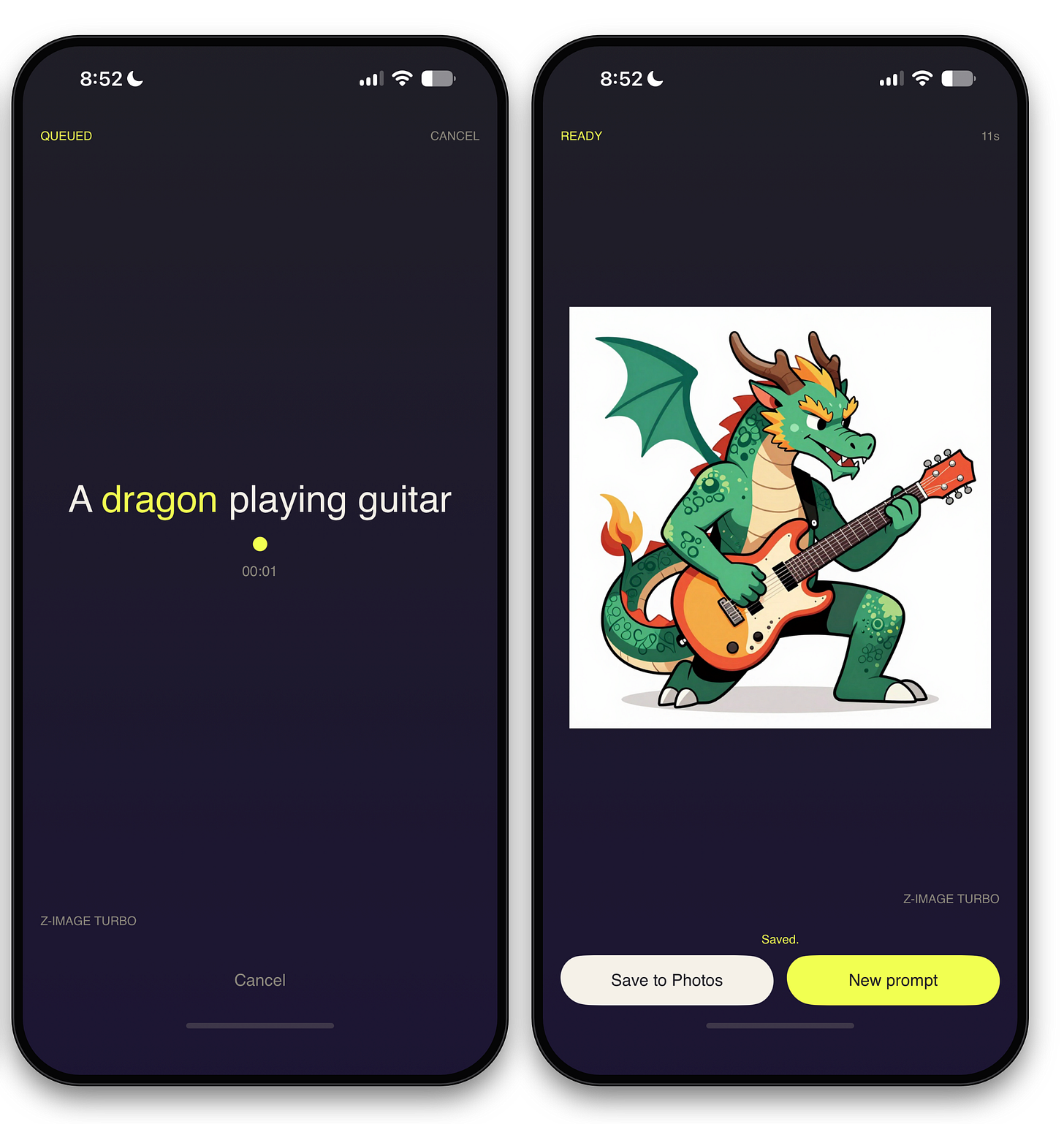 Comfy Go app: a generation queued, then the finished image ready to save to Photos. Comfy Go app: a generation queued, then the finished image ready to save to Photos.