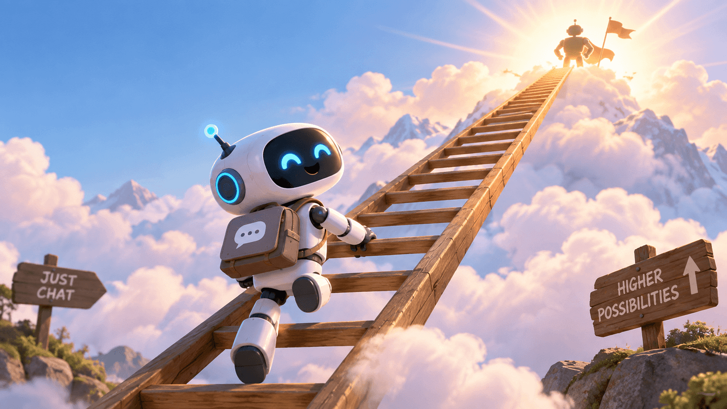 AI-generated illustration of a small robot climbing a wooden ladder. A sign reading "Just Chat" sits at the bottom left, while a figure with a flag stands at the top near a sign reading "Higher Possibilities." Golden sunset lighting. Caption below reads "Uh, sure, let's say that's how that looks." AI-generated illustration of a small robot climbing a wooden ladder. A sign reading "Just Chat" sits at the bottom left, while a figure with a flag stands at the top near a sign reading "Higher Possibilities." Golden sunset lighting. Caption below reads "Uh, sure, let's say that's how that looks."