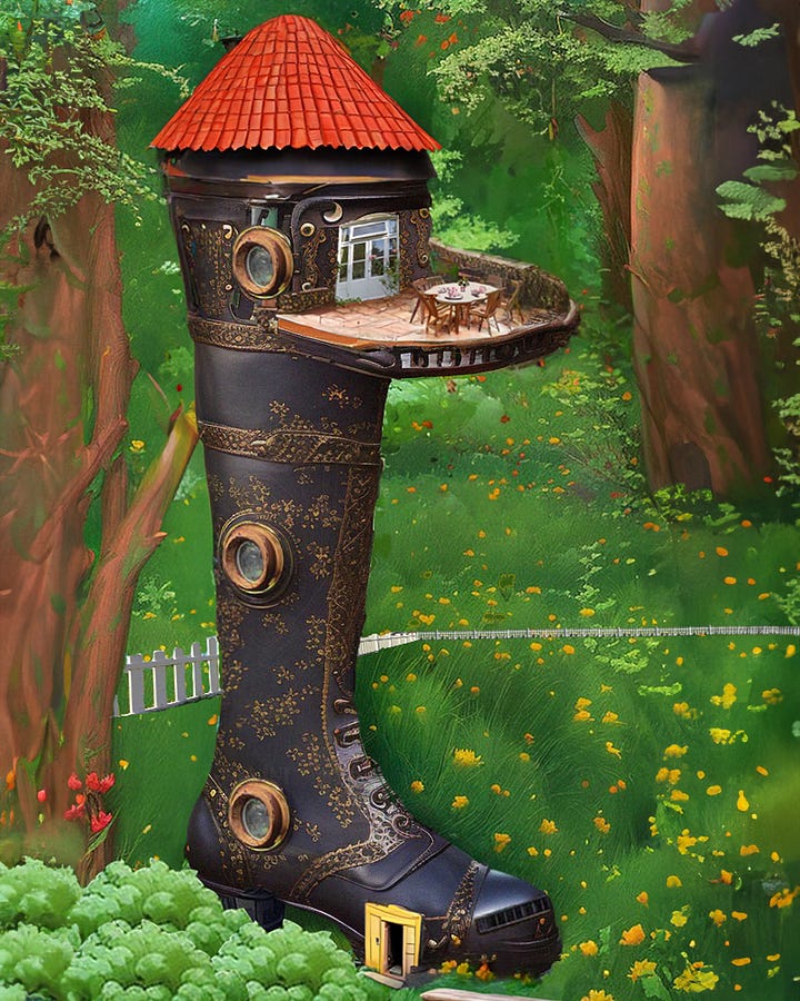 A house made within a knee-high boot within a forest