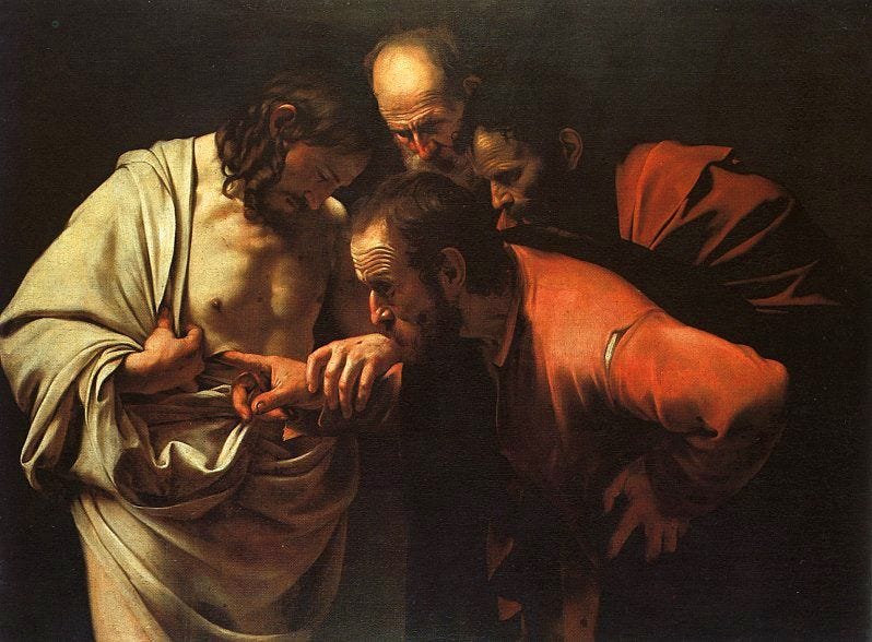 Doubting Thomas pushes his finger into the wound in the risen Christ side Doubting Thomas pushes his finger into the wound in the risen Christ side