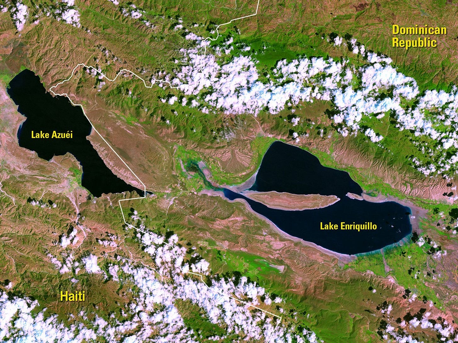 The Dominican Republic’s Lake Enriquillo has doubled in size since 2002. By March 2016, it had engulfed 40,000 acres of farmland and displaced thousands of families. Similarly in Haiti, Lake Azuéi grew by 40 percent in that time period, stretching farther into the neighboring country. Dominican leaders hope damming the Rio Yaque del Sur, the nation’s second-longest river, will keep the lakes from swallowing more farmland and further threatening the fragile ecosystem. Images taken by the Enhanced Thematic Mapper Plus onboard Landsat 7 and the Operational Land Imager onboard Landsat 8. Source: U.S. Geological Survey (USGS) Landsat Missions Gallery; Lake Levels in Hispaniola Rise Dramatically; U.S. Department of the Interior / USGS and NASA. The Dominican Republic’s Lake Enriquillo has doubled in size since 2002. By March 2016, it had engulfed 40,000 acres of farmland and displaced thousands of families. Similarly in Haiti, Lake Azuéi grew by 40 percent in that time period, stretching farther into the neighboring country. Dominican leaders hope damming the Rio Yaque del Sur, the nation’s second-longest river, will keep the lakes from swallowing more farmland and further threatening the fragile ecosystem. Images taken by the Enhanced Thematic Mapper Plus onboard Landsat 7 and the Operational Land Imager onboard Landsat 8. Source: U.S. Geological Survey (USGS) Landsat Missions Gallery; Lake Levels in Hispaniola Rise Dramatically; U.S. Department of the Interior / USGS and NASA.