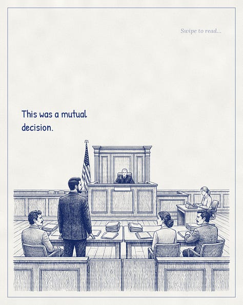 Blue-ink illustrated conversation. A father stands before a judge in a Texas custody hearing.
